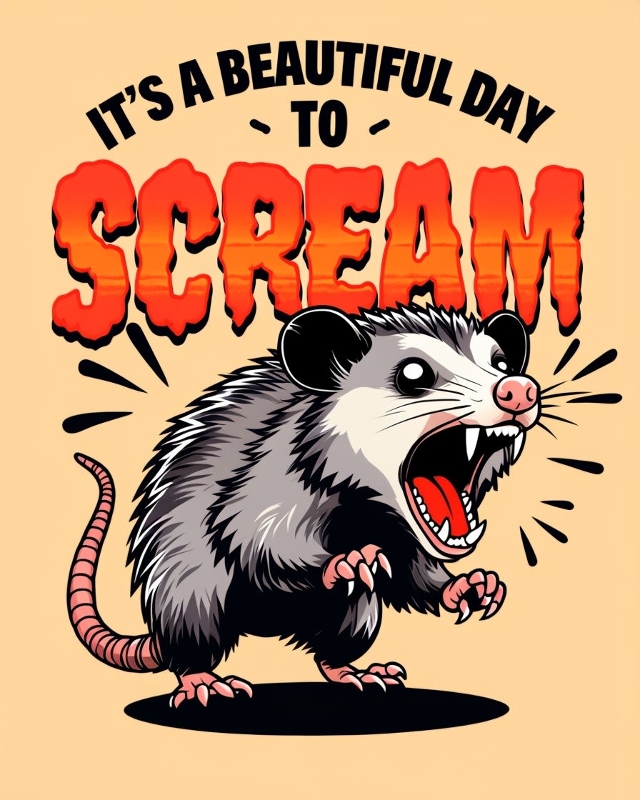 Screaming Opossum Cartoon with Bold Text T-Shirt