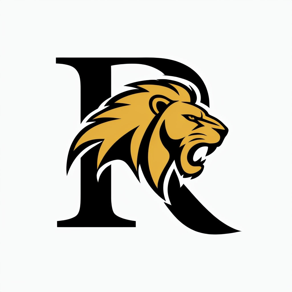 Stylish Black and Gold R Monogram with Roaring Lion Design Monogram