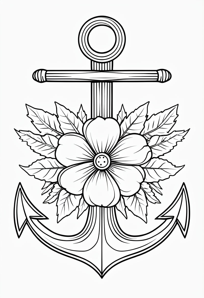Elegant Black and White Anchor with Flower Coloring Page