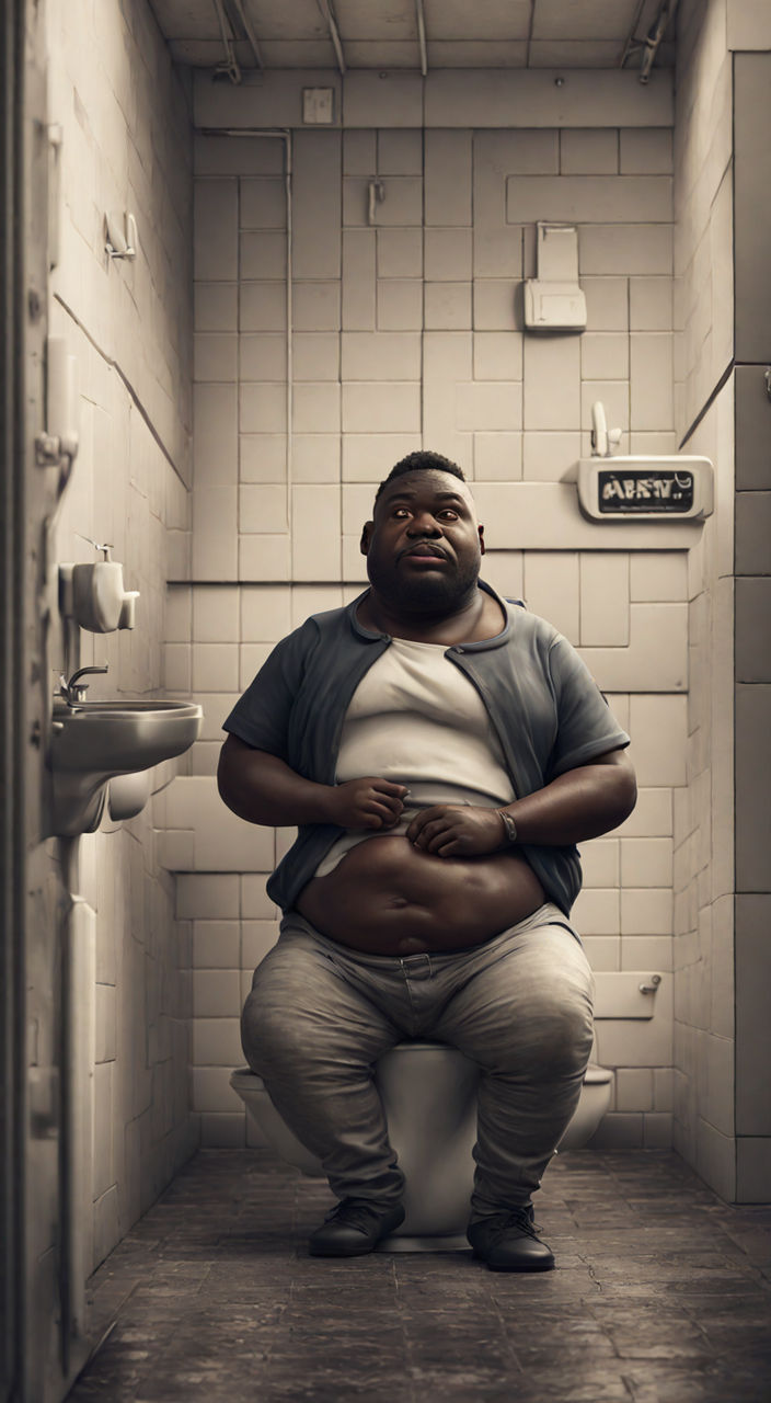 There is a fat man eating poop in the toilet