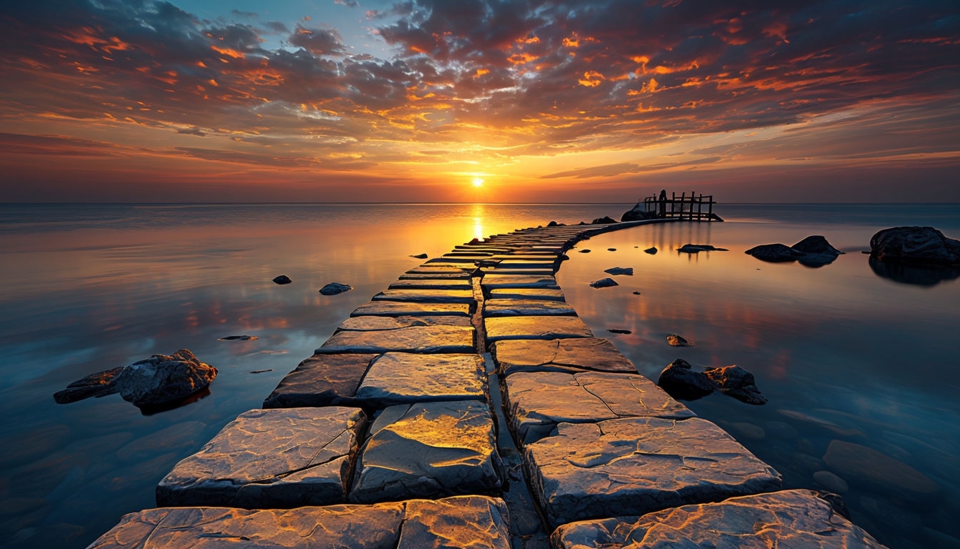 Serene Sunset Landscape with Stone Pathway Virtual Background