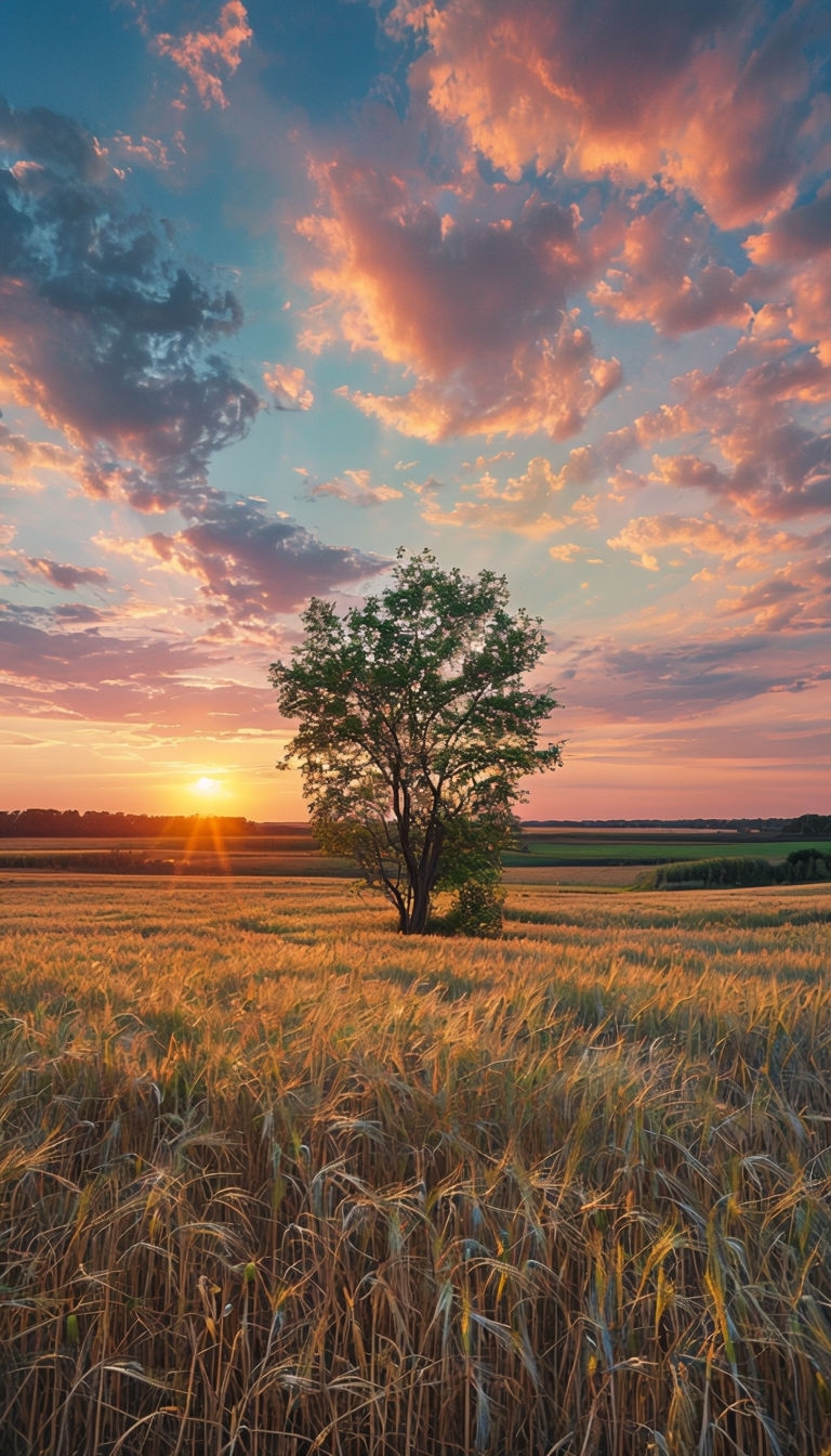 Tranquil Sunset Over Wheat Field and Tree Landscape Mobile Wallpaper