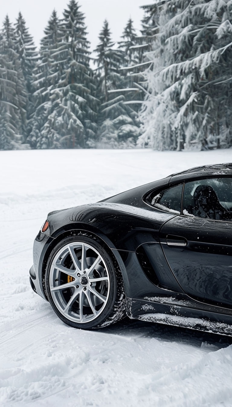 Abandoned Black Sports Car in Snowy Landscape Mobile Wallpaper