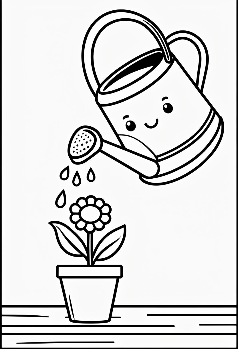 Happy Watering Can Pouring Water on Smiling Flower Coloring Book Page