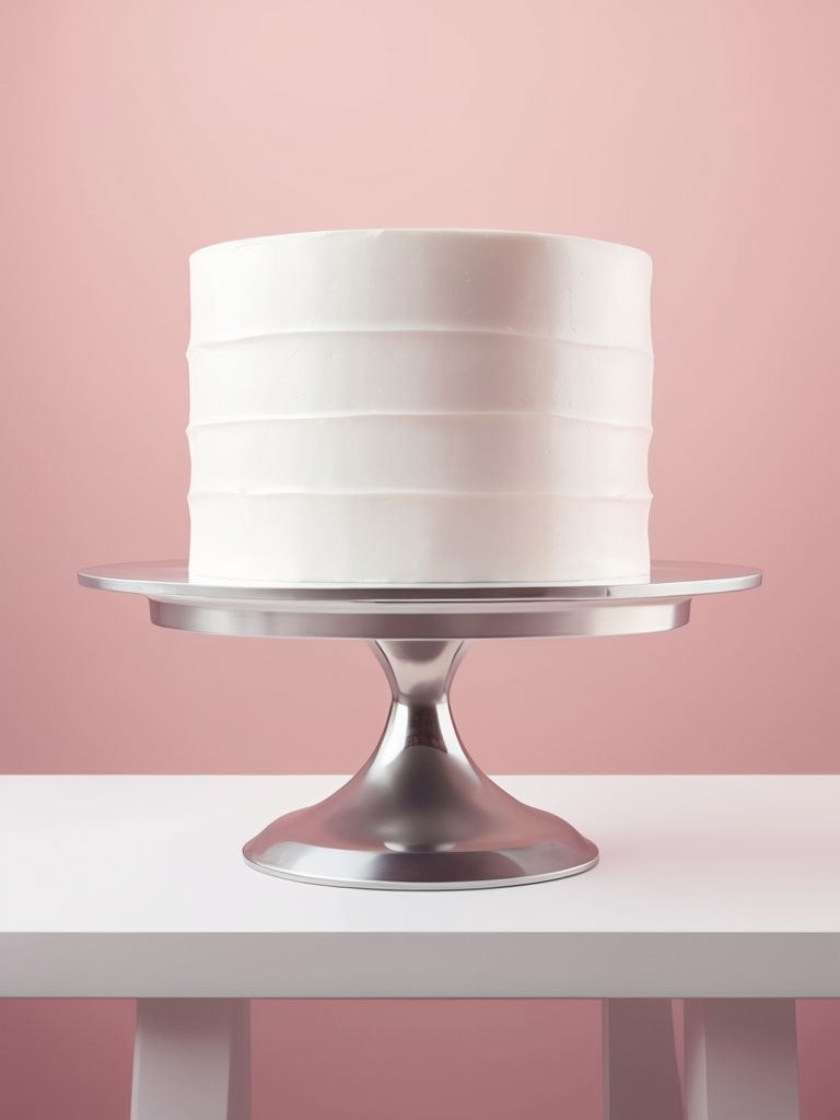 Elegant White Round Cake Displayed on Silver Stand Mockup