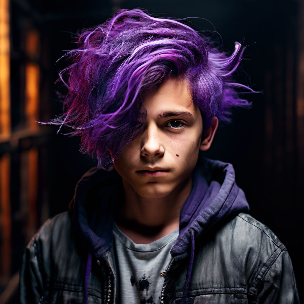 anime teen male with dark long length purple hair