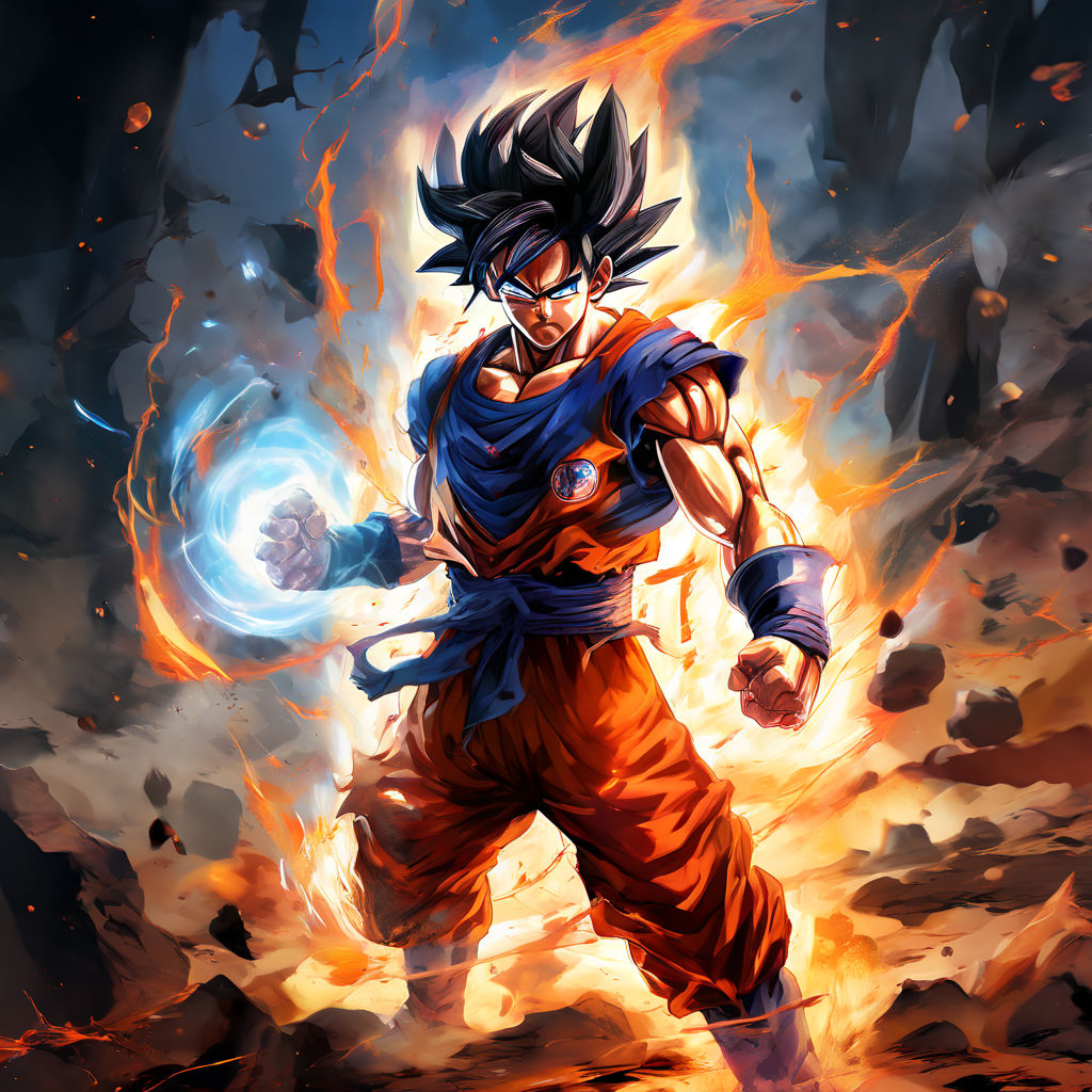 Goku launching a Kamehameha wave against a backdrop of a rav... by ...