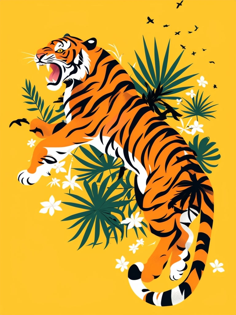 Dynamic Tiger Mid-Leap Illustration with Tropical Elements Poster