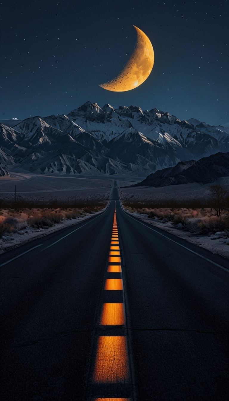 Tranquil Nighttime Landscape with Moonlit Road Mobile Wallpaper