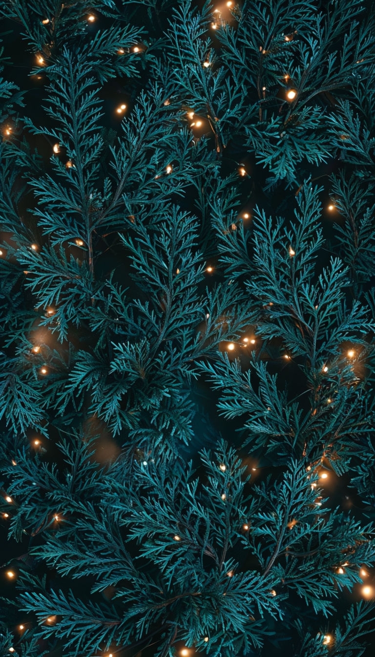 Festive Evergreen Tree Branches with Warm Lights Mobile Wallpaper