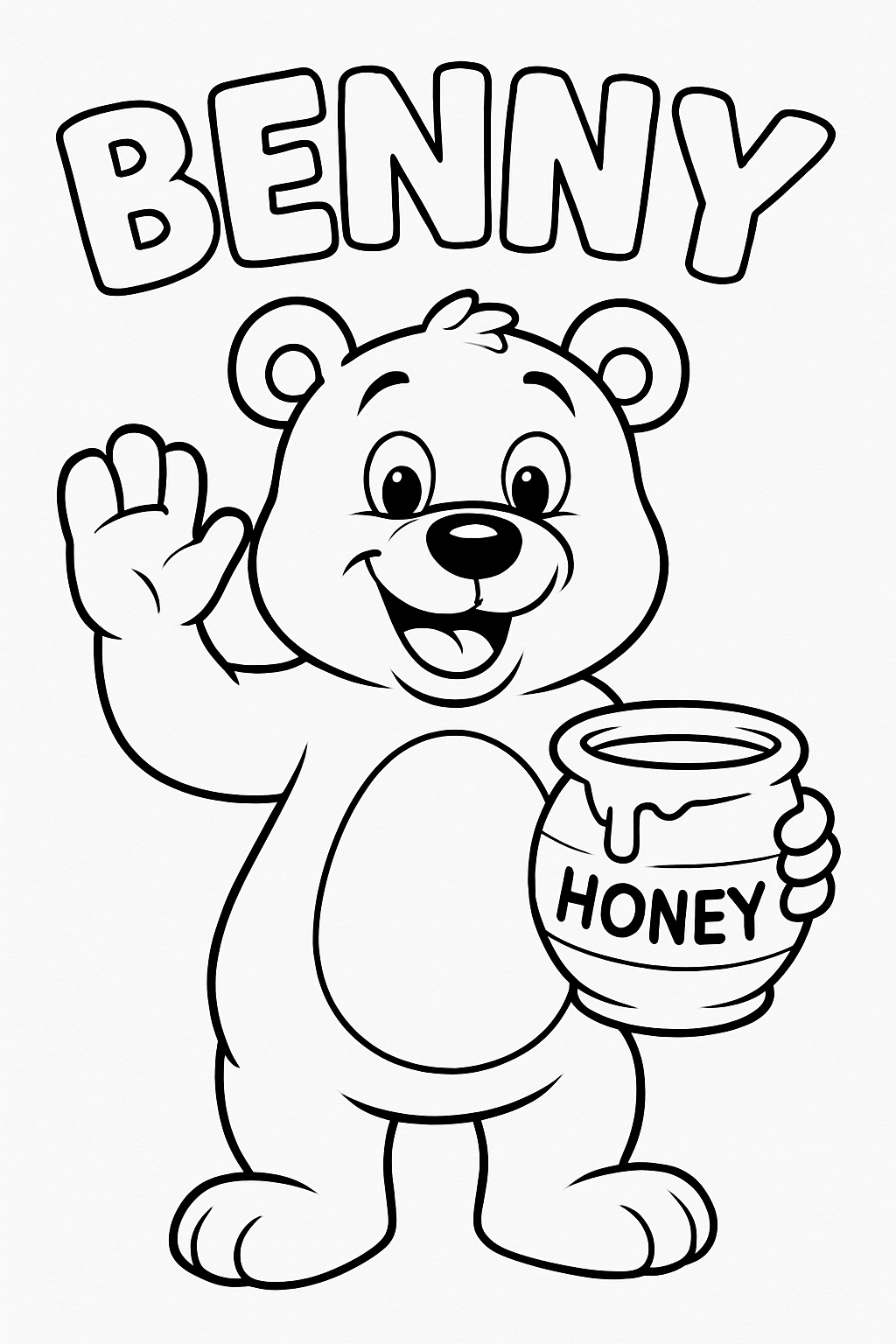 Cheerful Cartoon Bear Benny Holding Honey Jar Coloring Book Page