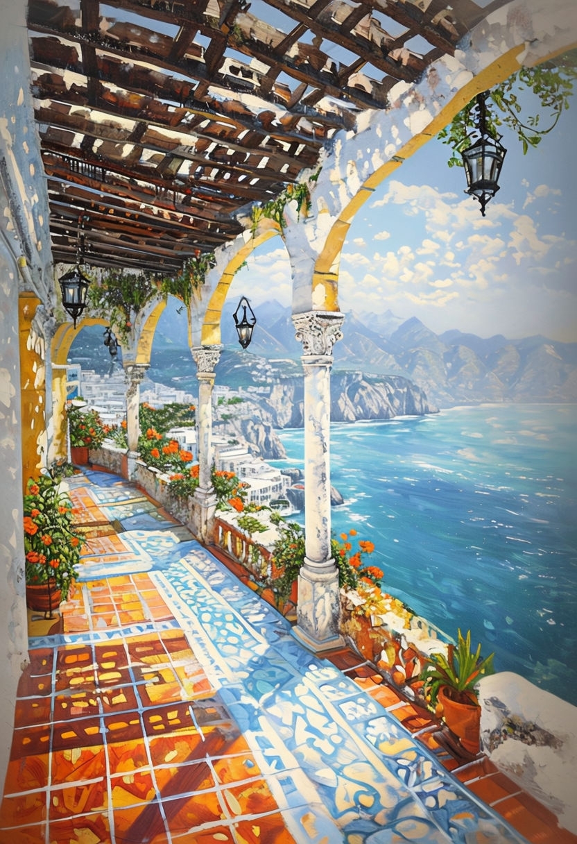 Coastal Terrace Painting with Ocean View and Rustic Elements Art