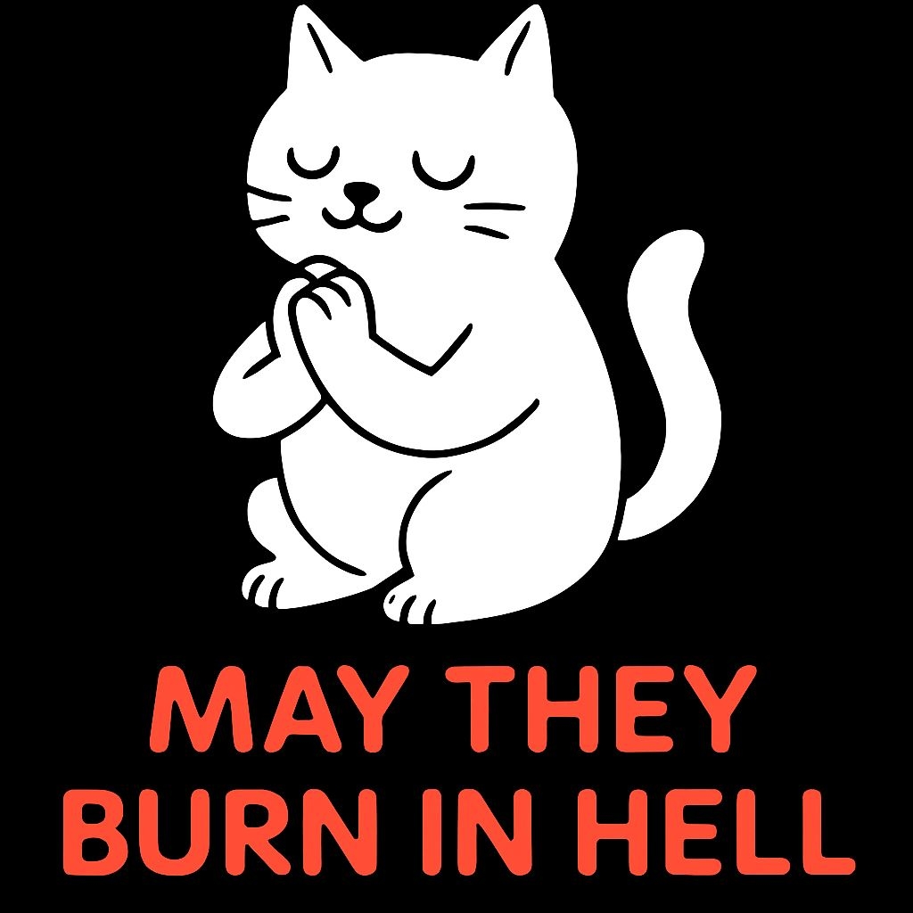 Serene White Cat with Bold 'May They Burn in Hell' Text T-Shirt