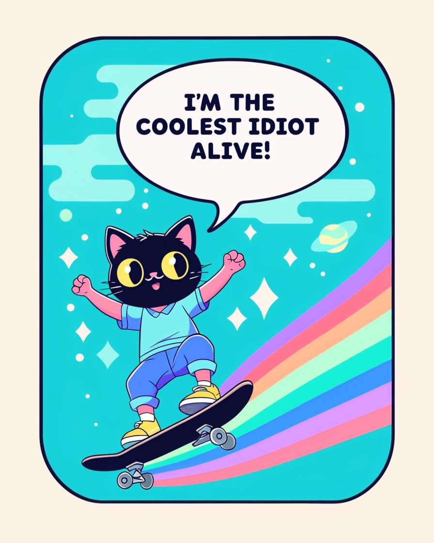 Playful Cartoon Black Cat Skateboarding with Colorful Rainbow T-Shirt