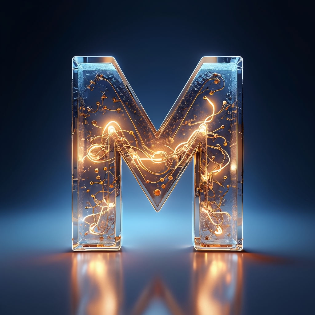 Futuristic 3D Rendered Letter M with Neon Glow Design Monogram