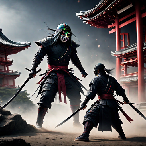 A ninja with two katana swords attacking at an undead giant ... by ...