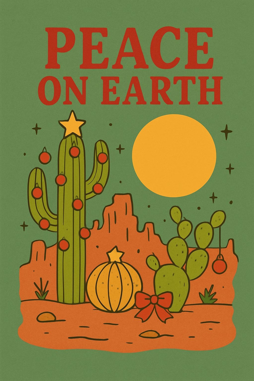 Festive Cartoon Cactus with Ornaments and Peace on Earth T-Shirt