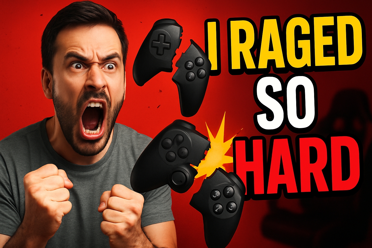 Intense Gaming Rage Reaction with Bold Text and Controllers Social Media Post
