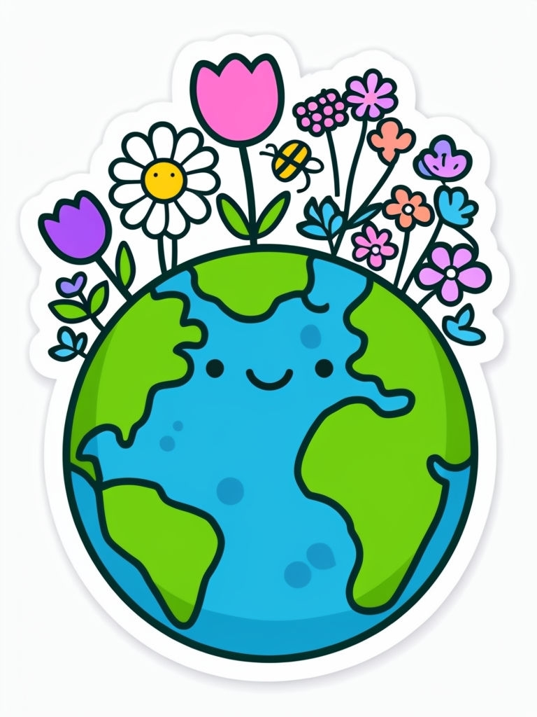 Joyful Cartoon Earth with Flowers and Bee Illustration Sticker