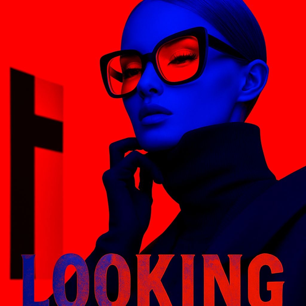 Vibrant Blue Portrait with Red Accents and Bold 'LOOKING' Text Spotify Album Cover