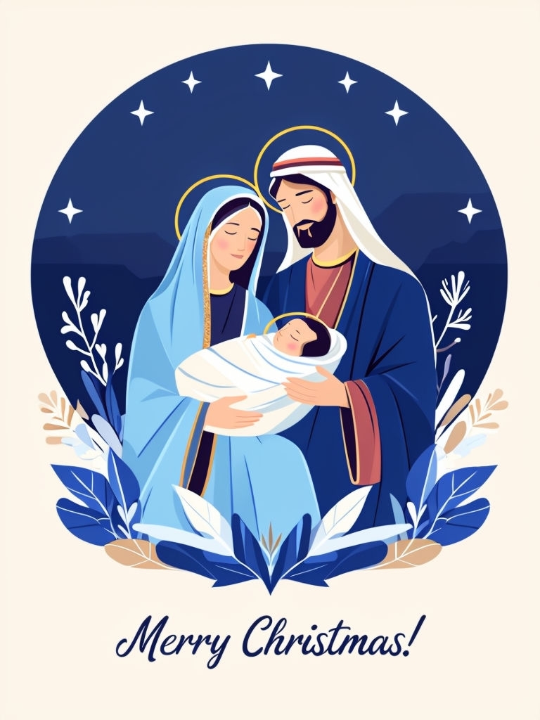 Serene Nativity Scene with Merry Christmas Text Poster