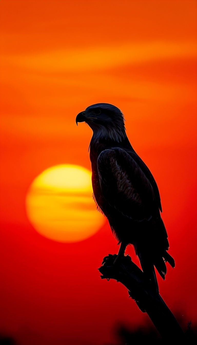 Majestic Bird of Prey Silhouette Against Vibrant Sunset Mobile Wallpaper