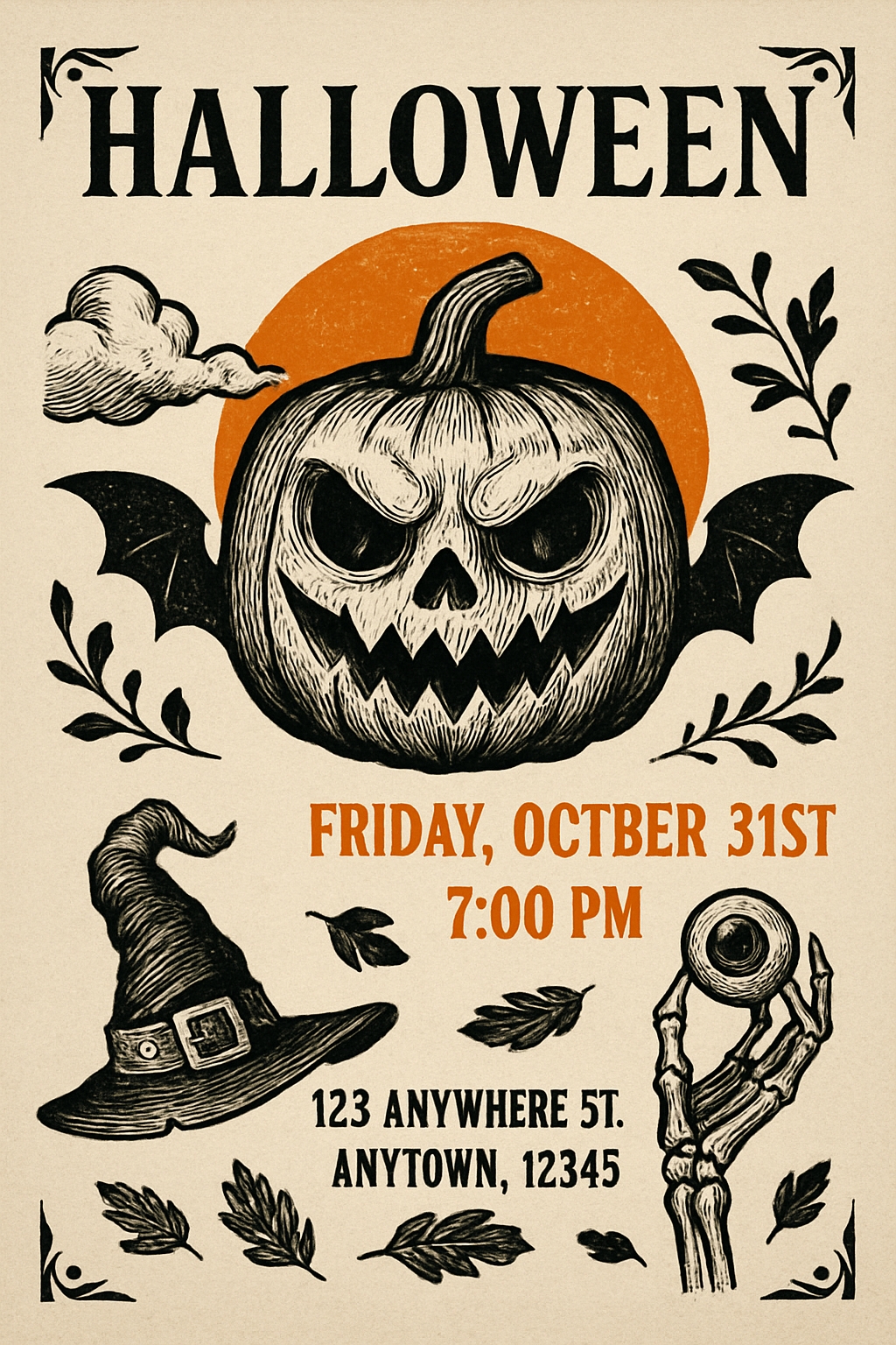 Vintage Halloween Party Poster Featuring Sinister Pumpkin Design Cards & Invites
