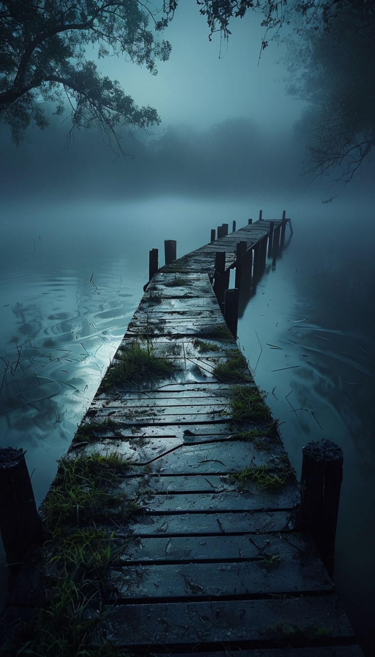 Misty Night Dock Reflection in Tranquil Water Mobile Wallpaper