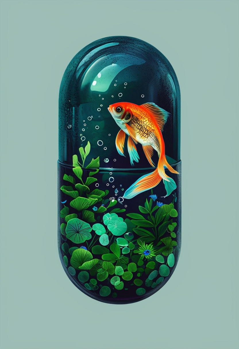 Surreal Underwater Capsule Illustration with Goldfish and Plants Art