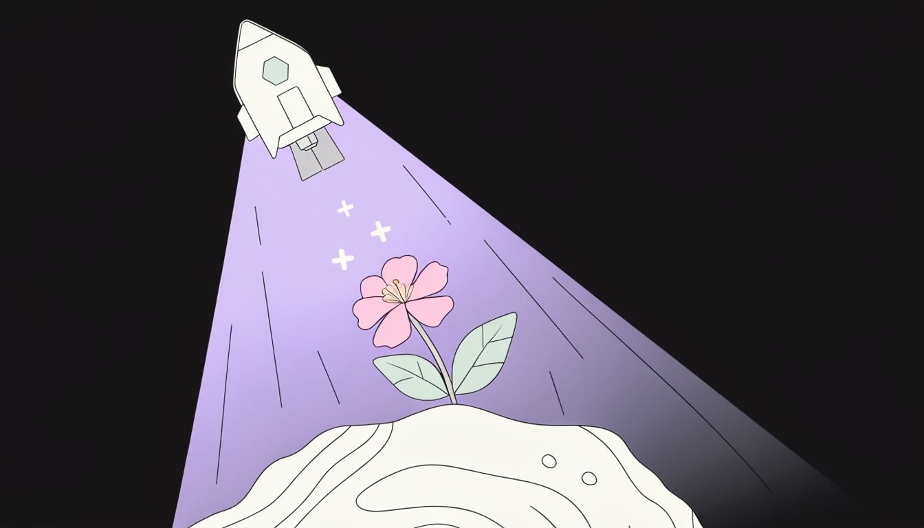 Surreal Minimalist Rock Formation with Flower and Rocket Background