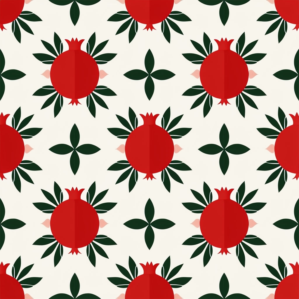 Minimalist Red Pomegranate and Green Leaves Seamless Pattern