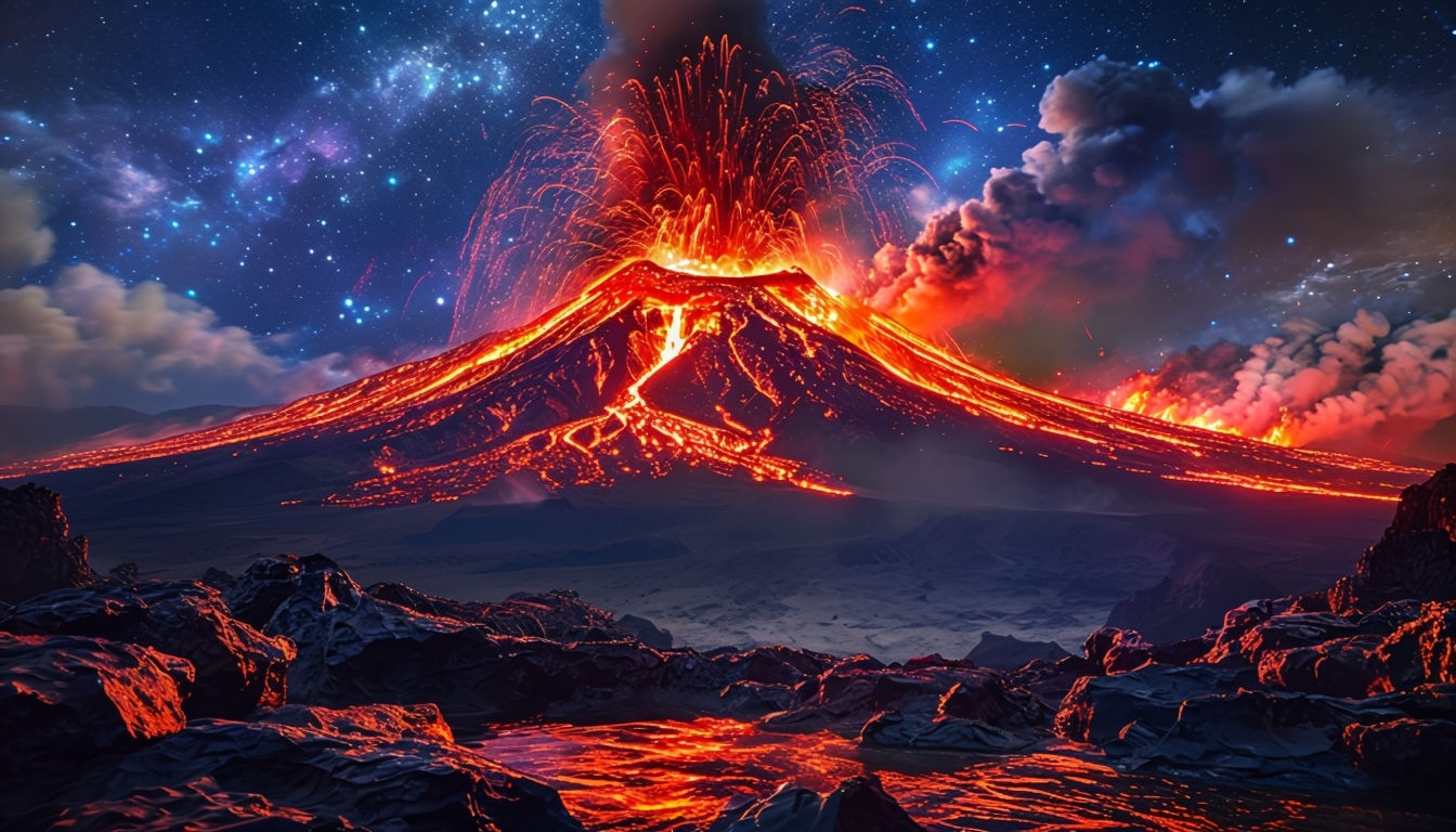 Majestic Volcano Eruption Under Starry Alien Sky Background