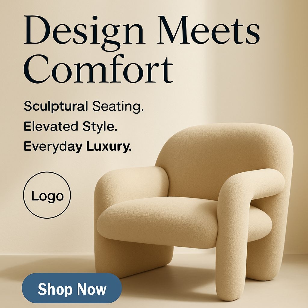 Modern Beige Armchair Advertisement Showcasing Comfort and Style Ads