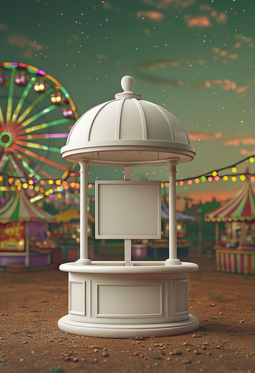 Whimsical 3D Carnival Kiosk with Colorful Background Art