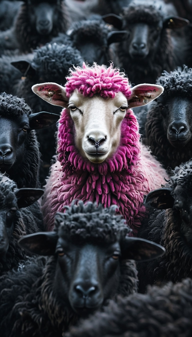 Vibrant Pink Sheep Among Black Flock Photography Mobile Wallpaper
