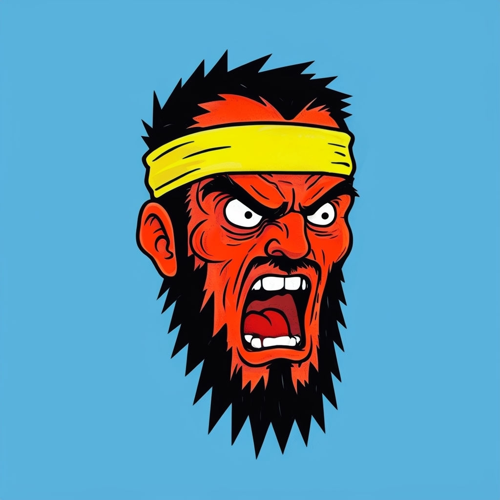Angry Cartoon Face Illustration on Sky Blue T-Shirt