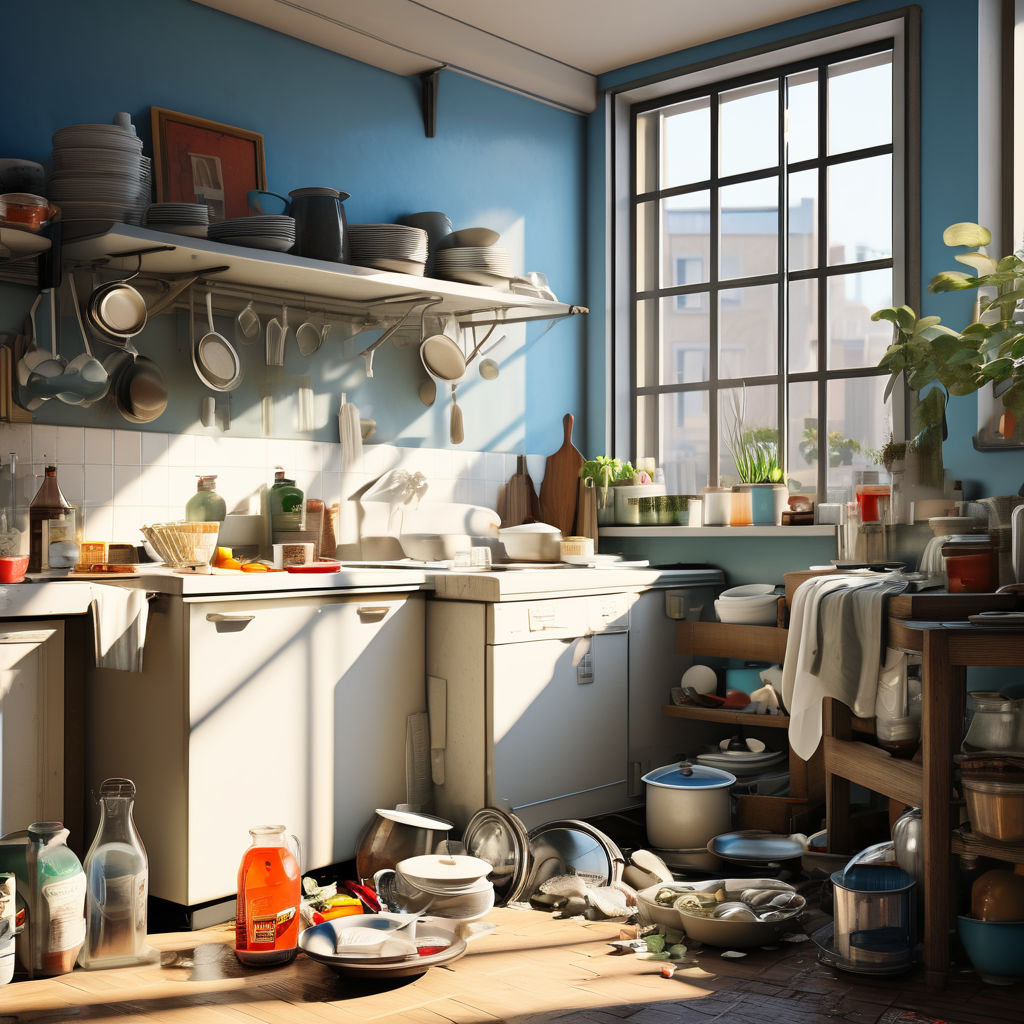 A scene of a kitchen with dirty dishes overflowing the sink ... by ...