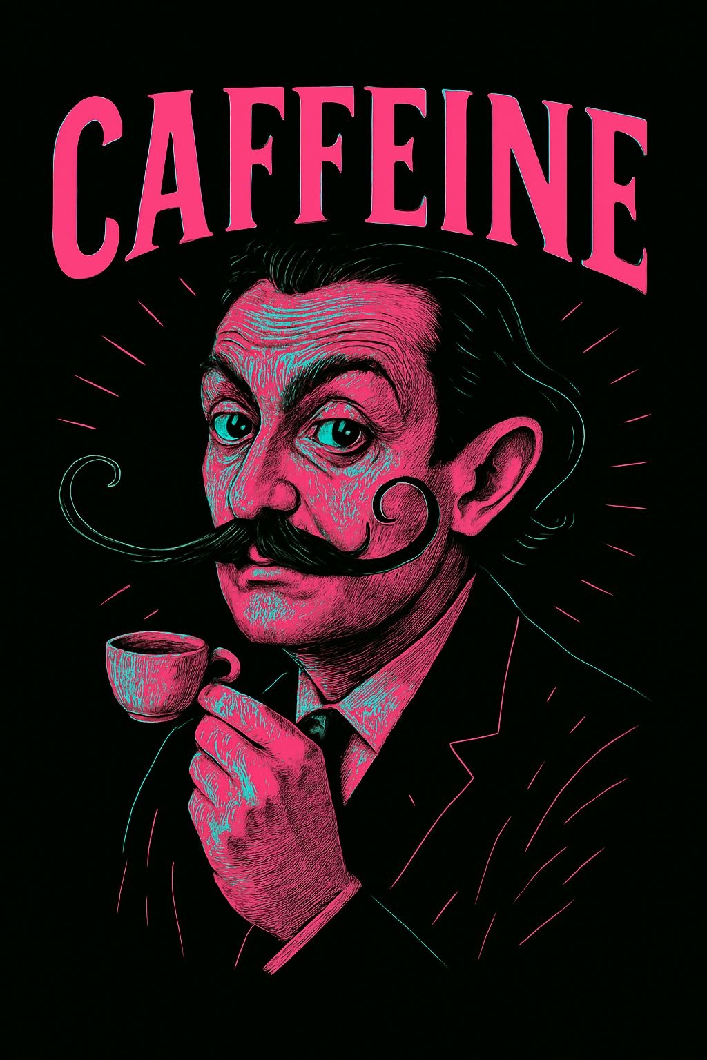 Vivid Neon Caffeine Portrait of a Man with Exaggerated Features Poster