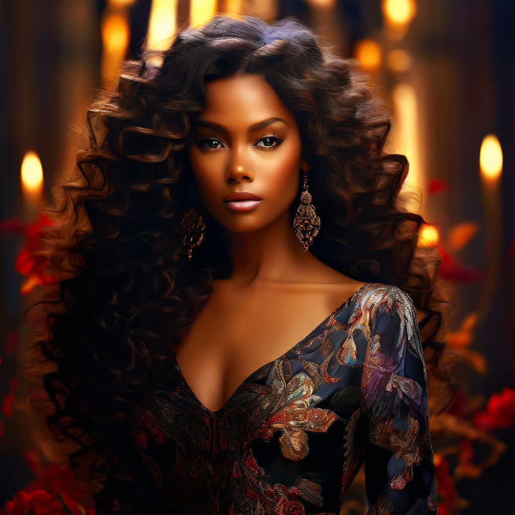 Beautiful black woman with long black coily big hair