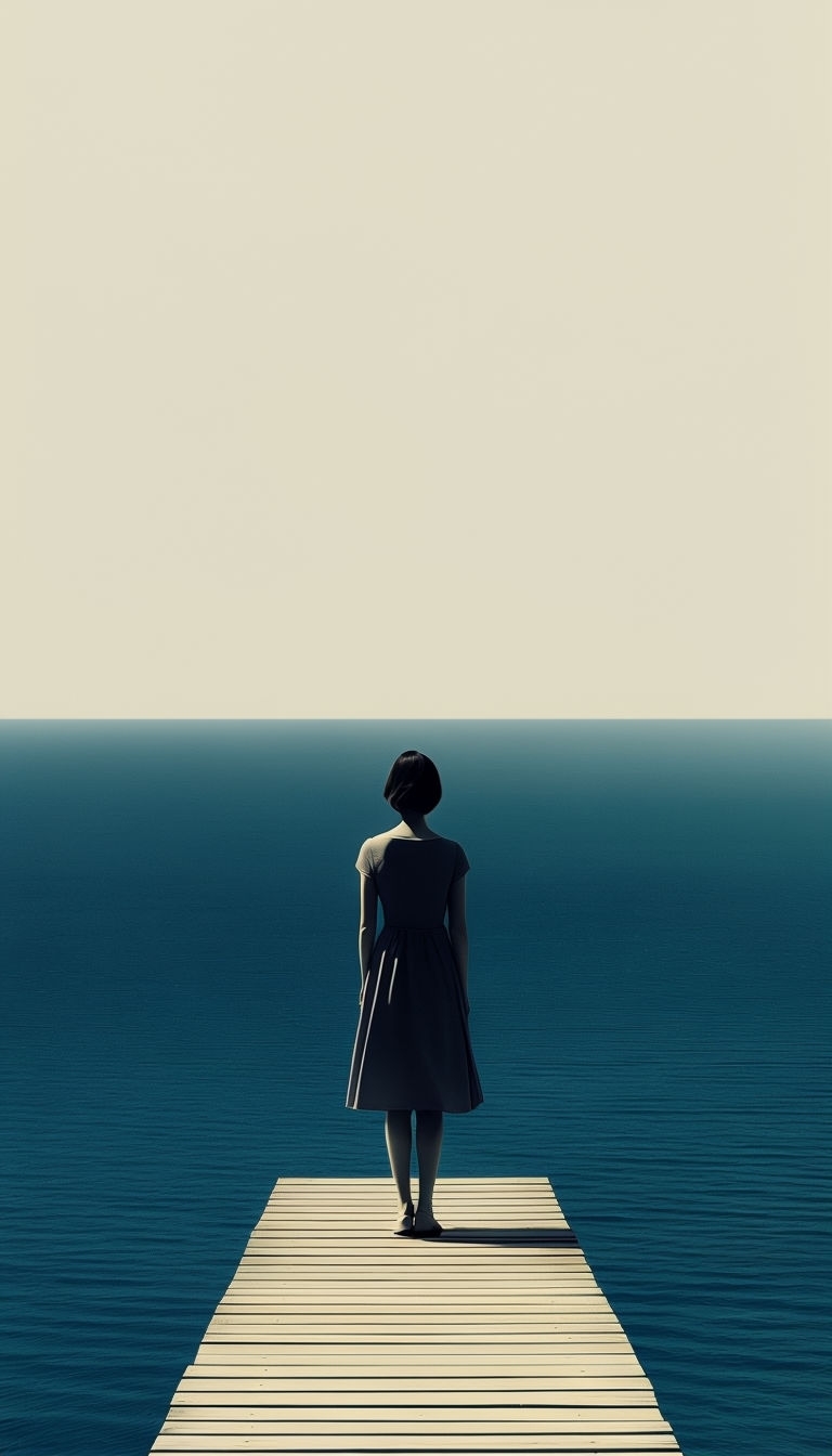 Serene Minimalist Woman at Ocean Pier Illustration Art