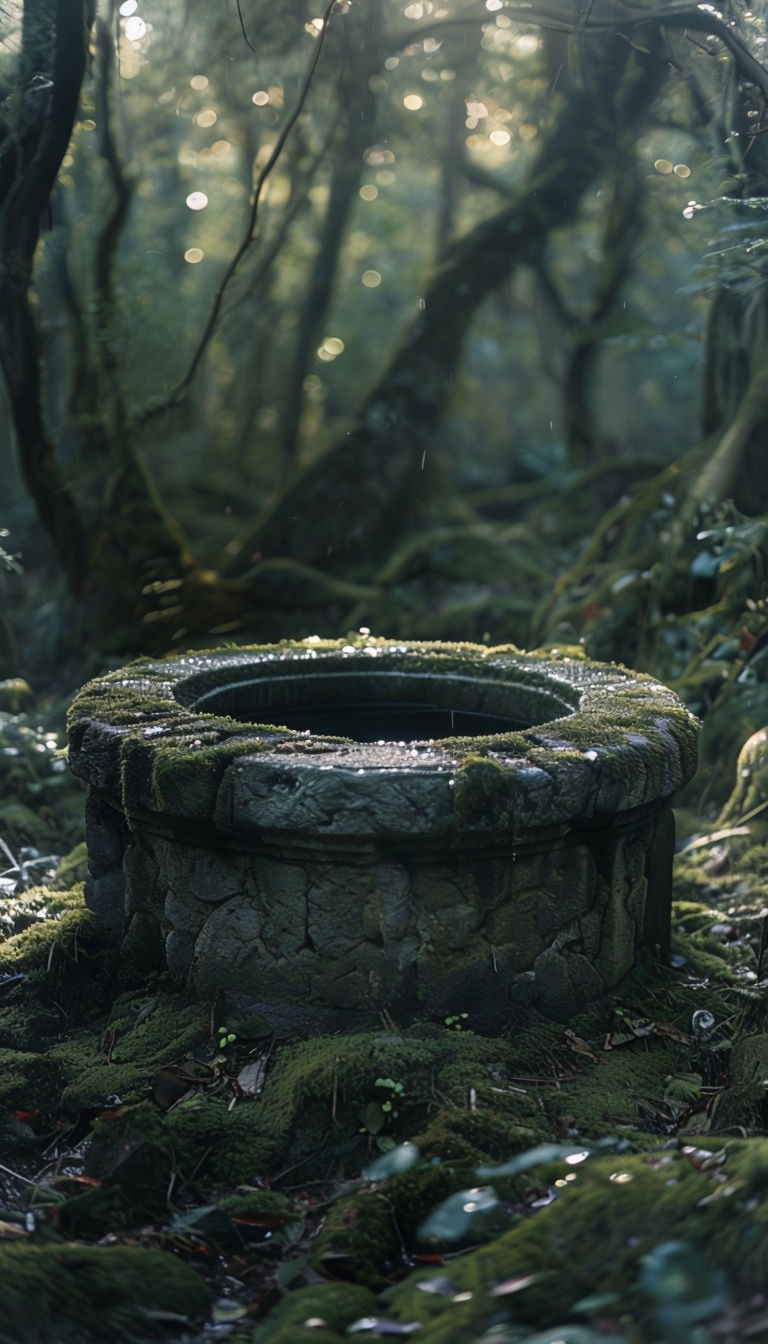 Enchanted Forest Well with Soft Morning Light Mobile Wallpaper