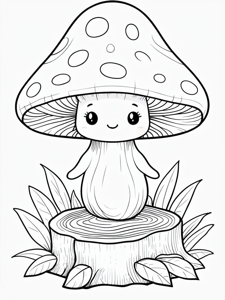 Cute Kawaii Mushroom Character Line Drawing for Coloring Book Pages