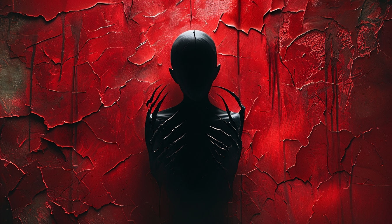 Menacing Spectral Silhouette Against Crimson Textured Wall Background