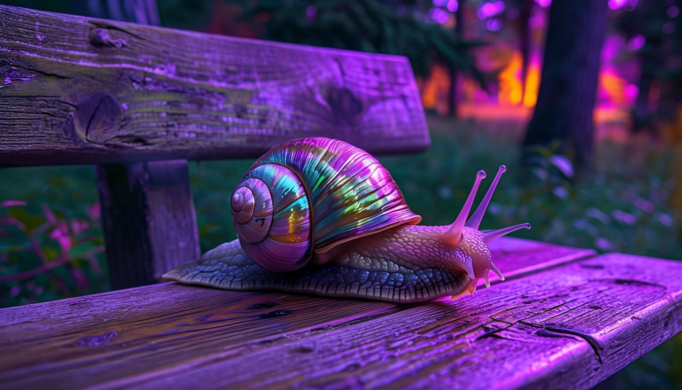 Vibrant Iridescent Snail on Weathered Bench Virtual Background