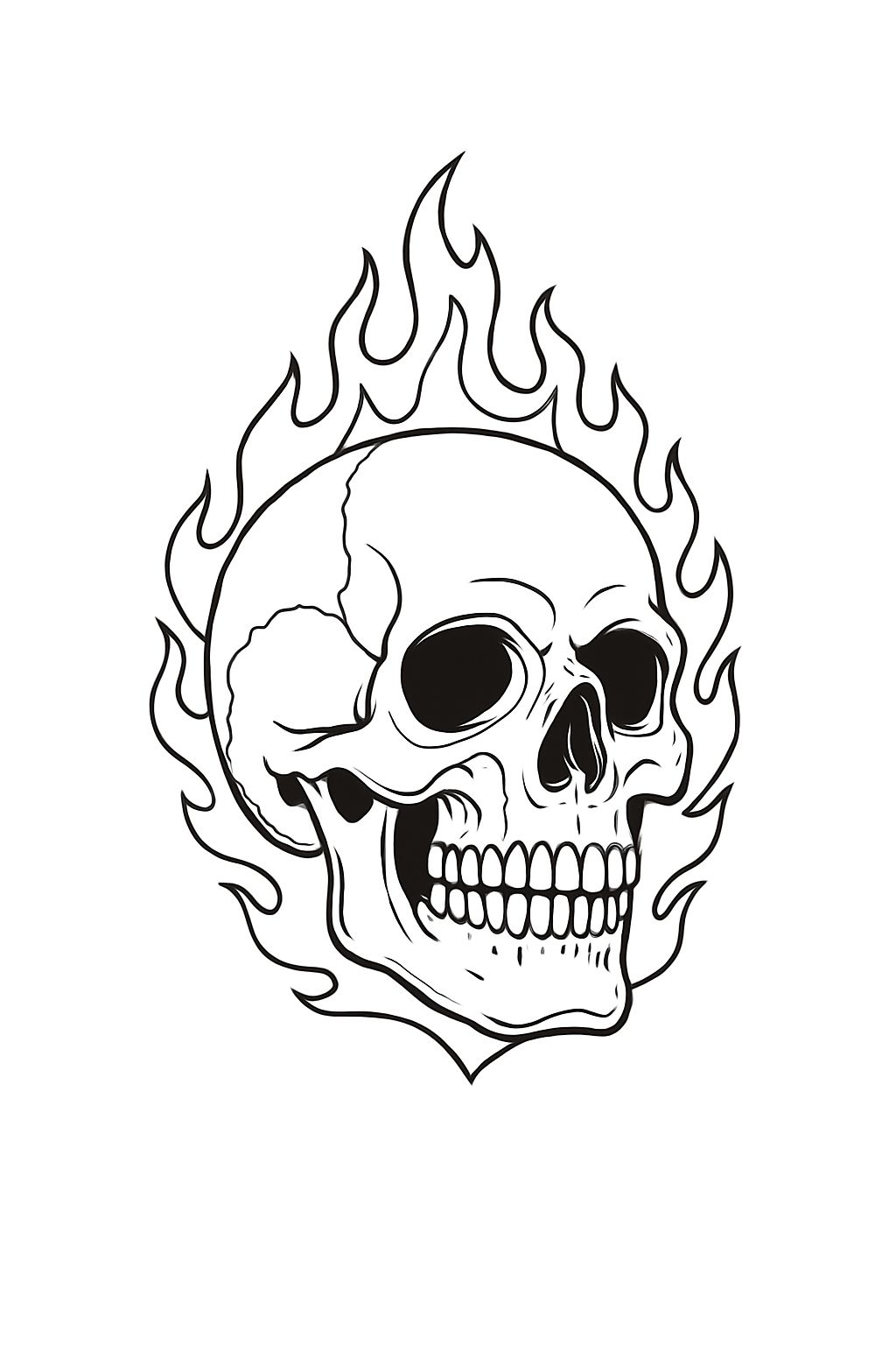 Intricate Black and White Skull Illustration with Flames Coloring Book Pages