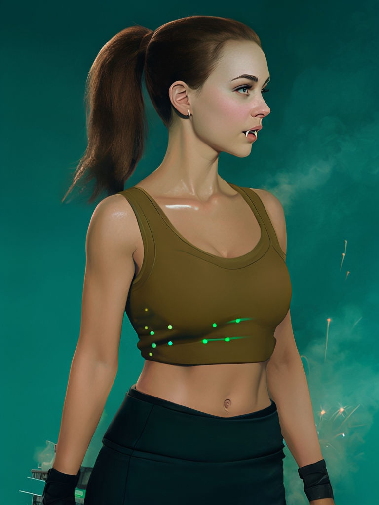 A woman with a determined expression stands in profile against a smoky teal background. She has a ponytail, is wearing a green athletic crop top and black workout pants, and has a toothpick in her mouth. Green lights or sparks appear on her top near the chest area, adding an eerie glow like that of a vampire’s allure.