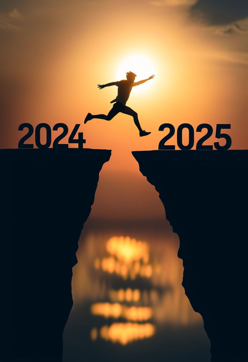 Courageous Leap from 2024 to 2025 Sunset Adventure Poster