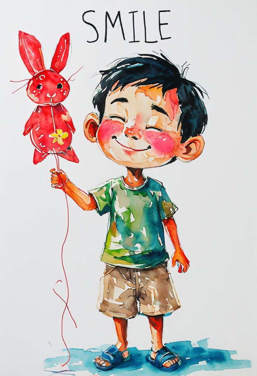 Cheerful Watercolor Illustration of a Boy with a Rabbit Kite and 'SMILE' Text