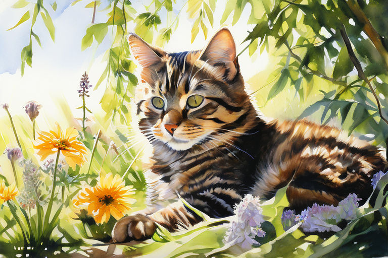 Prompt: Tabby cat lounging under the shade of a willow tree, dappled sunlight filtering through the leaves, surrounded by a vibrant field of wildflowers on a clear summer day, watercolor style, golden ratio, ultra fine details.