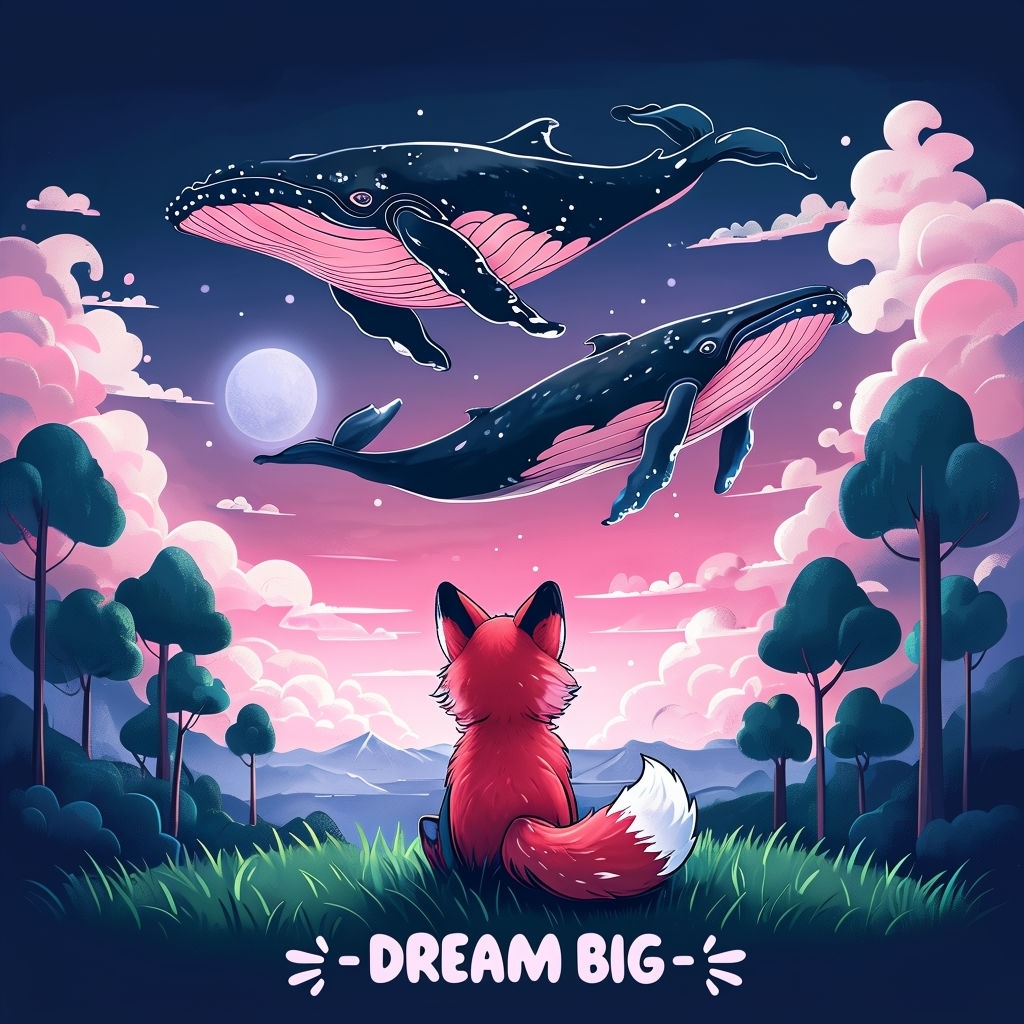 Whimsical Red Fox Gazing at Whales in Twilight Sky Poster